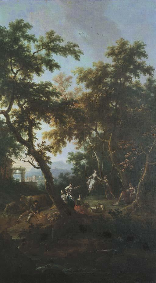 Vittorio Amedeo Cignaroli - Coppia che gioca su un\'altalena con vari astanti in un sottobosco, ed un borgo in lontananza