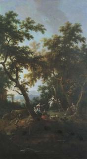 Vittorio Amedeo Cignaroli - Coppia che gioca su un\'altalena con vari astanti in un sottobosco, ed un borgo in lontananza