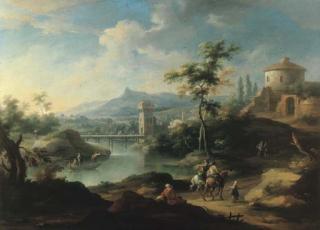 Vittorio Amedeo Cignaroli - Coppia di contadini e fanciulla presso un corso d\'acqua, con armenti ed un casolare in lontananza