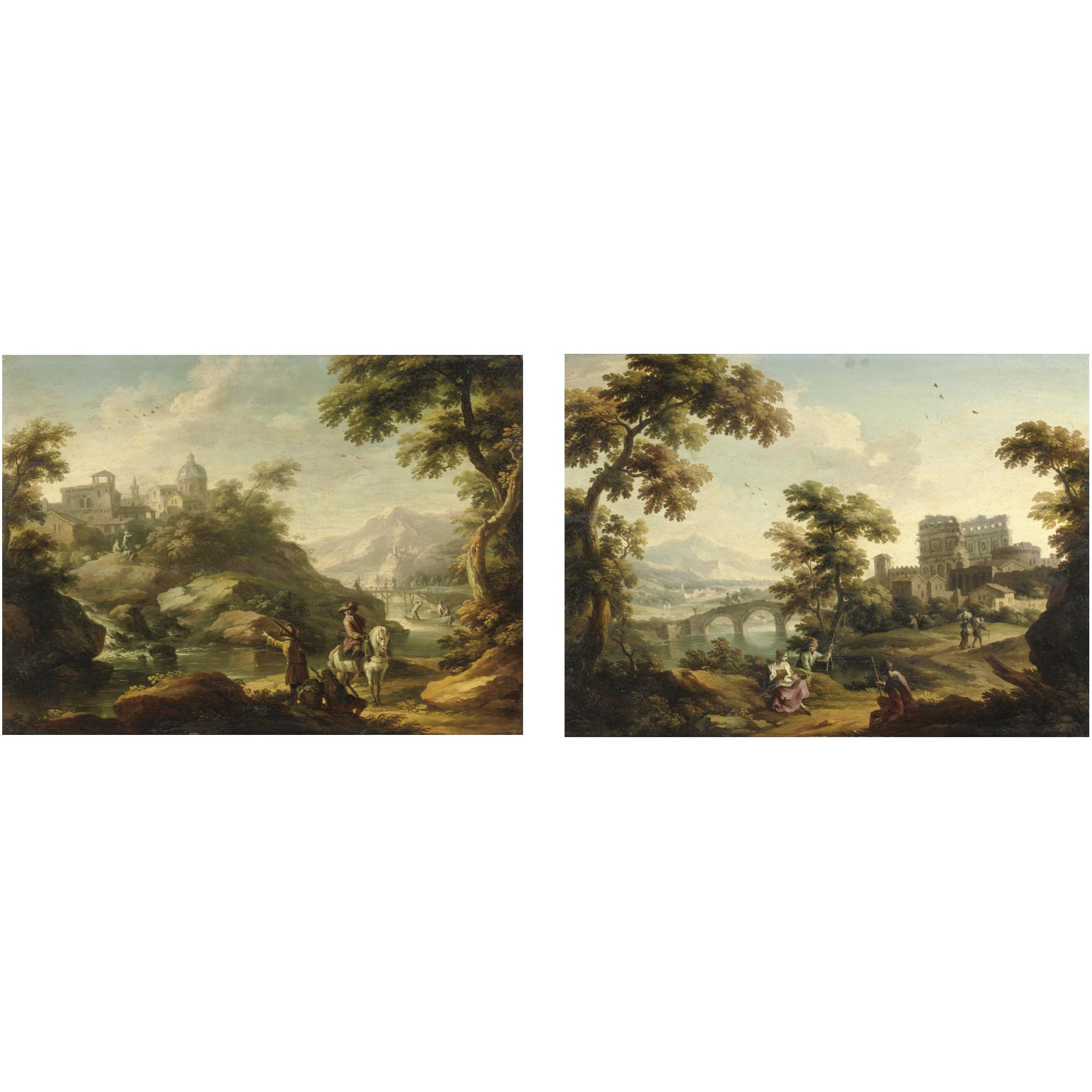 Vittorio Amedeo Cignaroli - Paesaggio Con Cavaliere Su Cavallo Bianco Presso Un Fiume Paesaggio Con Rovine Antiche E Una Dama