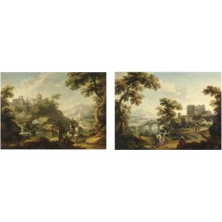 Vittorio Amedeo Cignaroli - Paesaggio Con Cavaliere Su Cavallo Bianco Presso Un Fiume Paesaggio Con Rovine Antiche E Una Dama