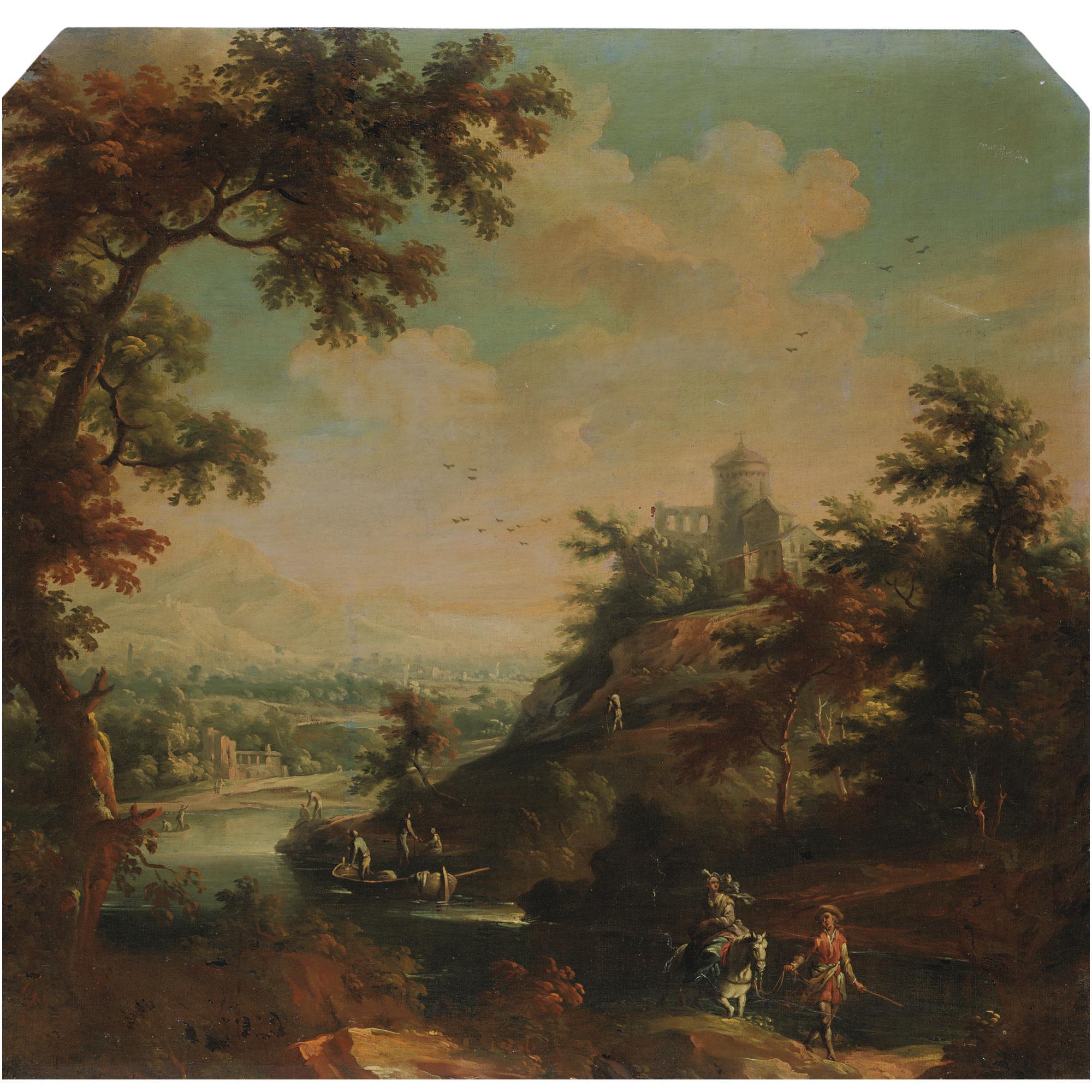 Vittorio Amedeo Cignaroli - Paesaggio Con Viandanti Lungo Un Fiume, Un Edificio Turrito Sulla Rocca