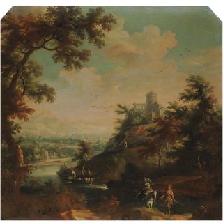 Vittorio Amedeo Cignaroli - Paesaggio Con Viandanti Lungo Un Fiume, Un Edificio Turrito Sulla Rocca