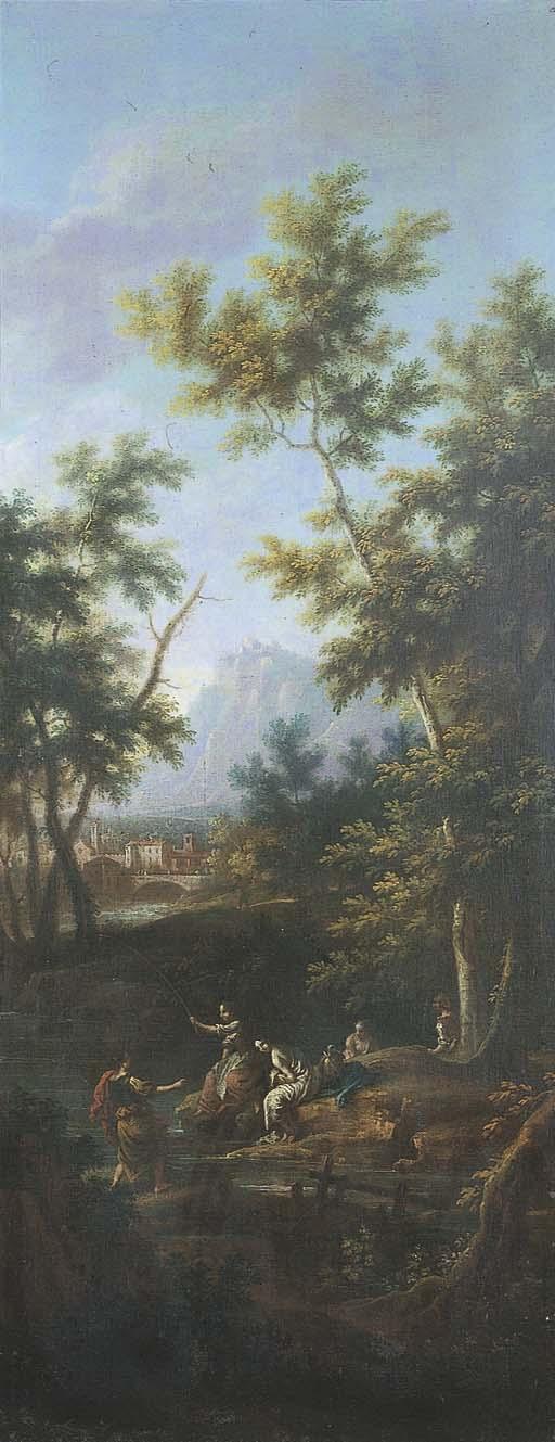 Vittorio Amedeo Cignaroli - Paesaggio fluviale con contadini che pescano ed un borgo rustico in lontananza