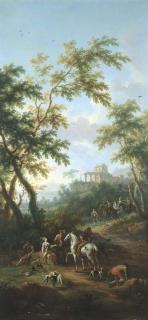 Vittorio Amedeo Cignaroli - Sosta di cacciatori e compagnia galante su cavallo in un paesaggio con rovine sullo sfondo