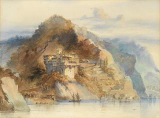Vittorio Amedeo Preziosi - Two views in Mount Athos, Greece depicting the Monastery Dionysiou and the Monastery of Agios Pavlos (St Paul), a pair the first 24.8 x 34cm (9 3/4 x 13 3/8in); the other 25.1 x 34.3cm (9 7/8 x 13 1/2in). (2)