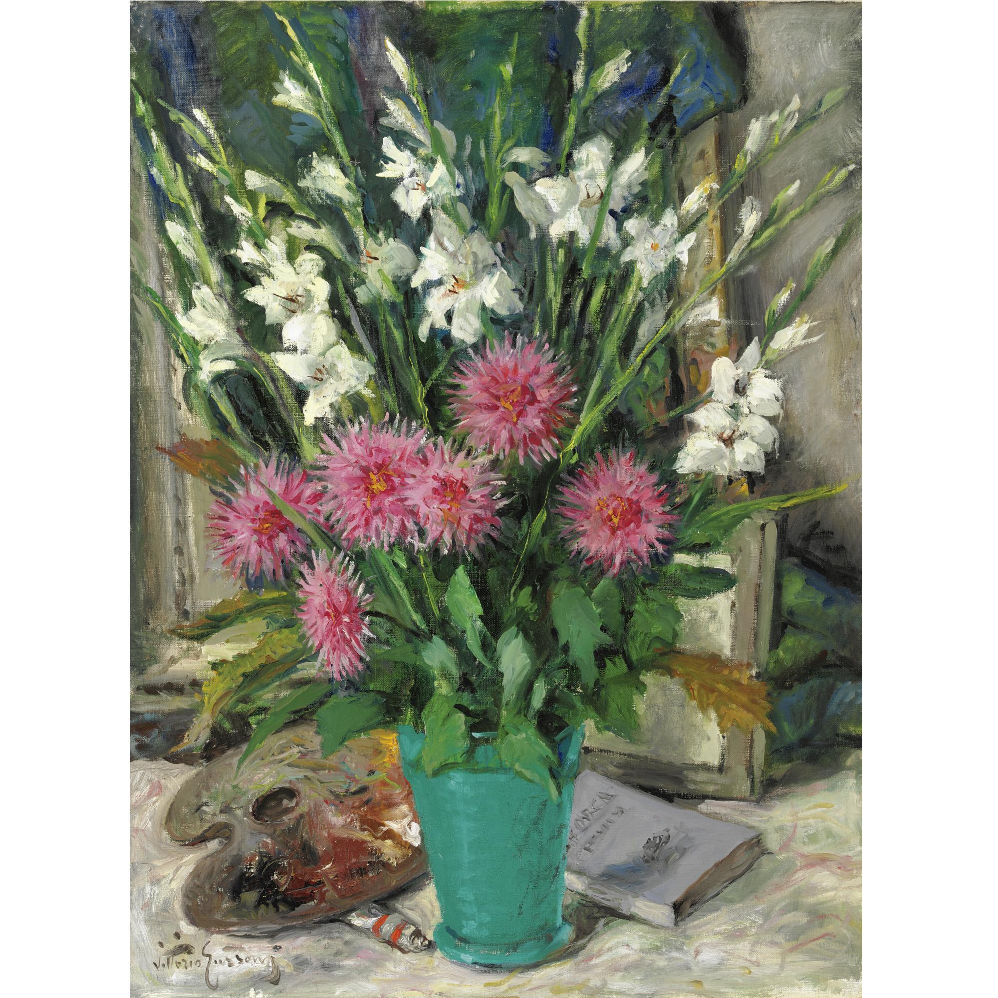 Vittorio Gussoni - Natura Morta Con Vaso Di Fiori, Tavolozza E Libro