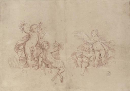 Vittorio Maria Bigari - Allégories de l\'Été et de l\'Automne (recto); Études d\'une tête de jeune fille, d\'un homme le bras tendu, et deux bras dont l\'un tenant une aiguille (verso)