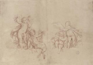 Vittorio Maria Bigari - Allégories de l\'Été et de l\'Automne (recto); Études d\'une tête de jeune fille, d\'un homme le bras tendu, et deux bras dont l\'un tenant une aiguille (verso)