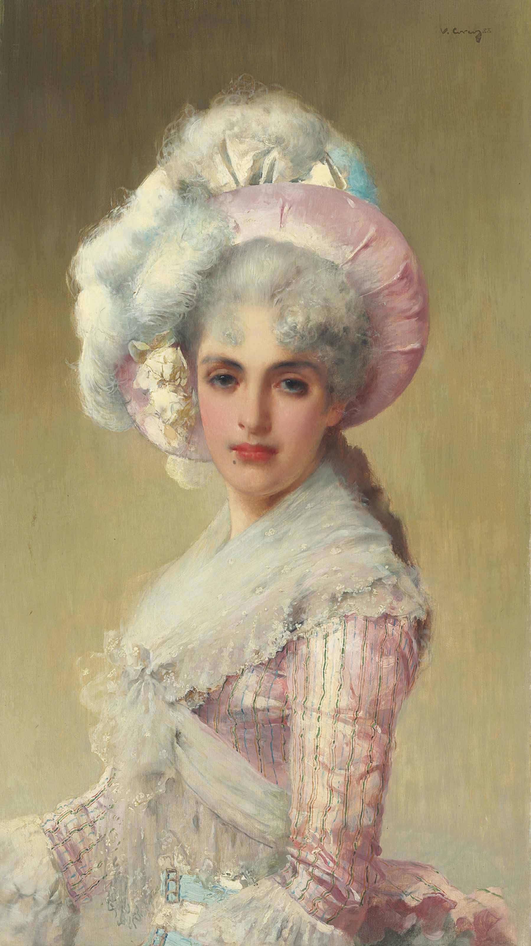 Vittorio Matteo Corcos - An Elegant Lady in a Pink Hat and Dress
