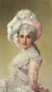 Vittorio Matteo Corcos - An Elegant Lady in a Pink Hat and Dress
