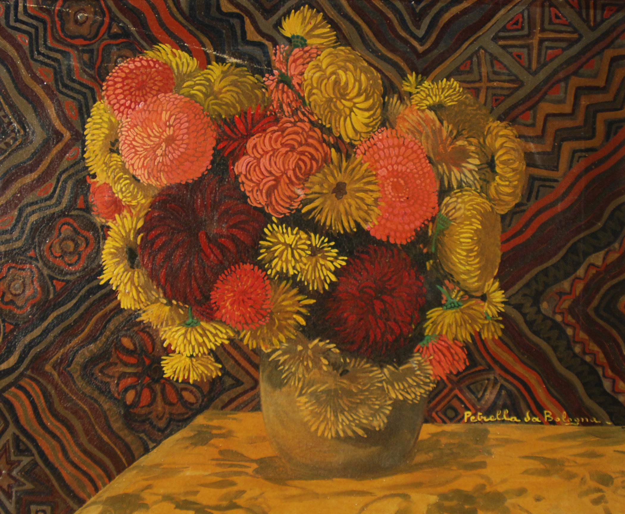 Vittorio Petrella da Bologna - Vaso fiorito con fondo a tessuto decoraro