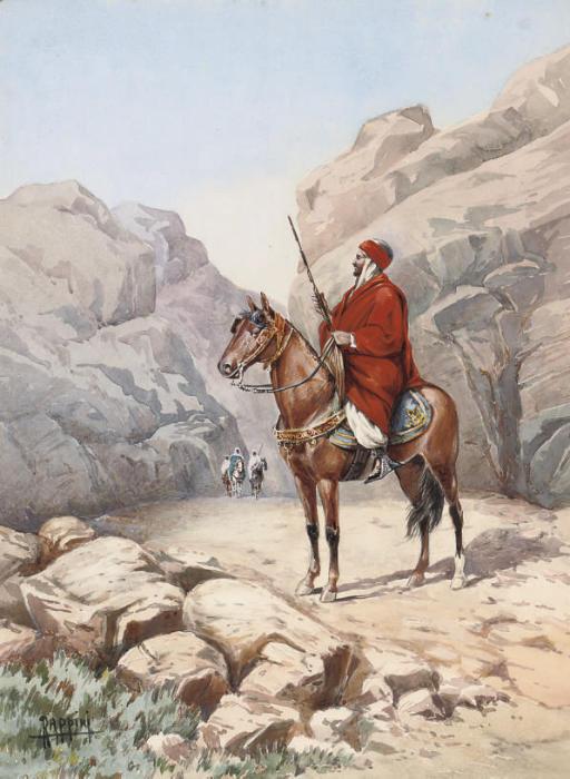 Vittorio Rappini - An Arab Warrior On Horseback In A Desert Gorge