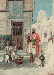 Vittorio Rappini - Arabic Gentlemen in discussion, with a street scene beyond