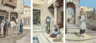 Vittorio Rappini - Interior of a harem; Selling a horse; and A Water carrier - Cairo