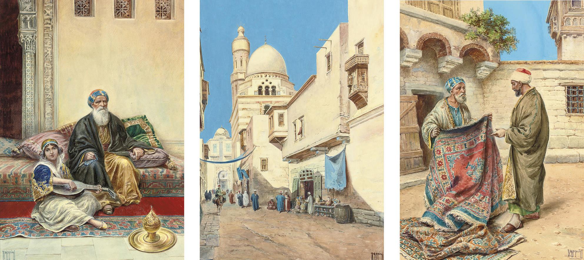 Vittorio Rappini - Playing a tune in a harem; The carpet seller; and a bustling street, Cairo