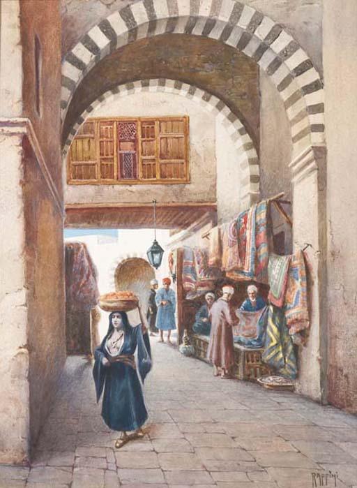 Vittorio Rappini - View of a street in a souk with a woman carrying a fruit basket on her head, a carpet stall behind