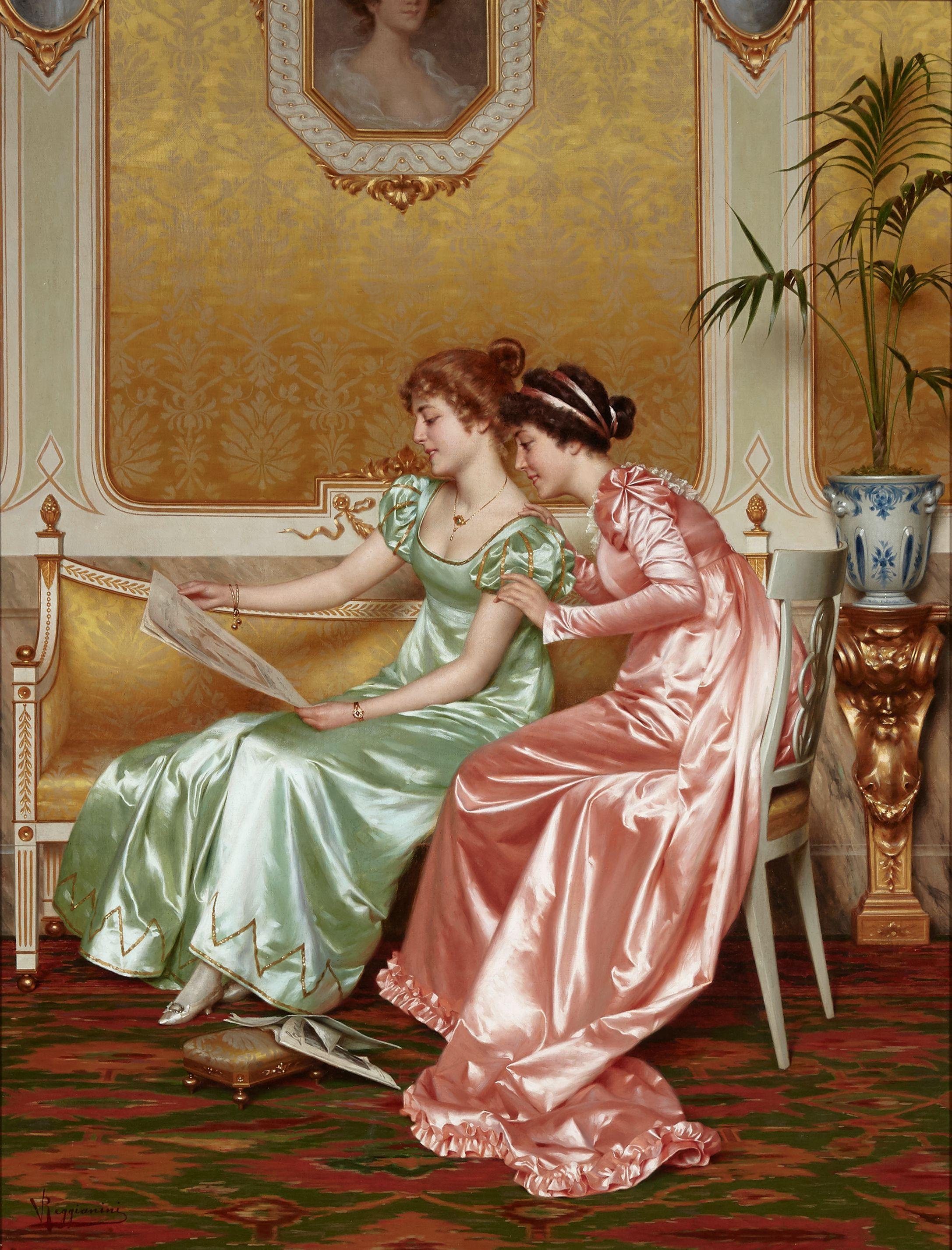 Vittorio Reggianini - Two elegant young ladies in an interior perusing a magazine