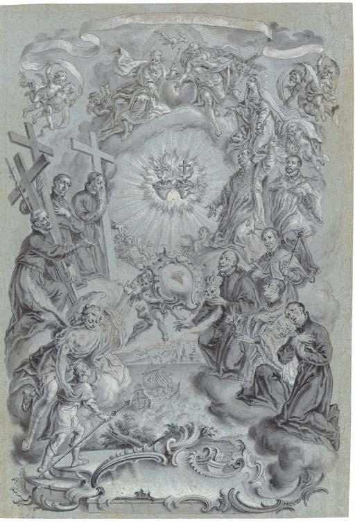 Vitus Felix Rigl - A study for a frontispiece: The Trinity and Saints surrounding the Sacred Hearts of Christ and the Virgin Mary, a coastal landscape below