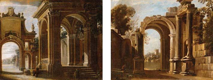 Viviano Codazzi - A Architectural Capriccio With Figures By A Fountain, A Portal Beyond; A Capriccio With A Figure With His Dog Resting By A Well