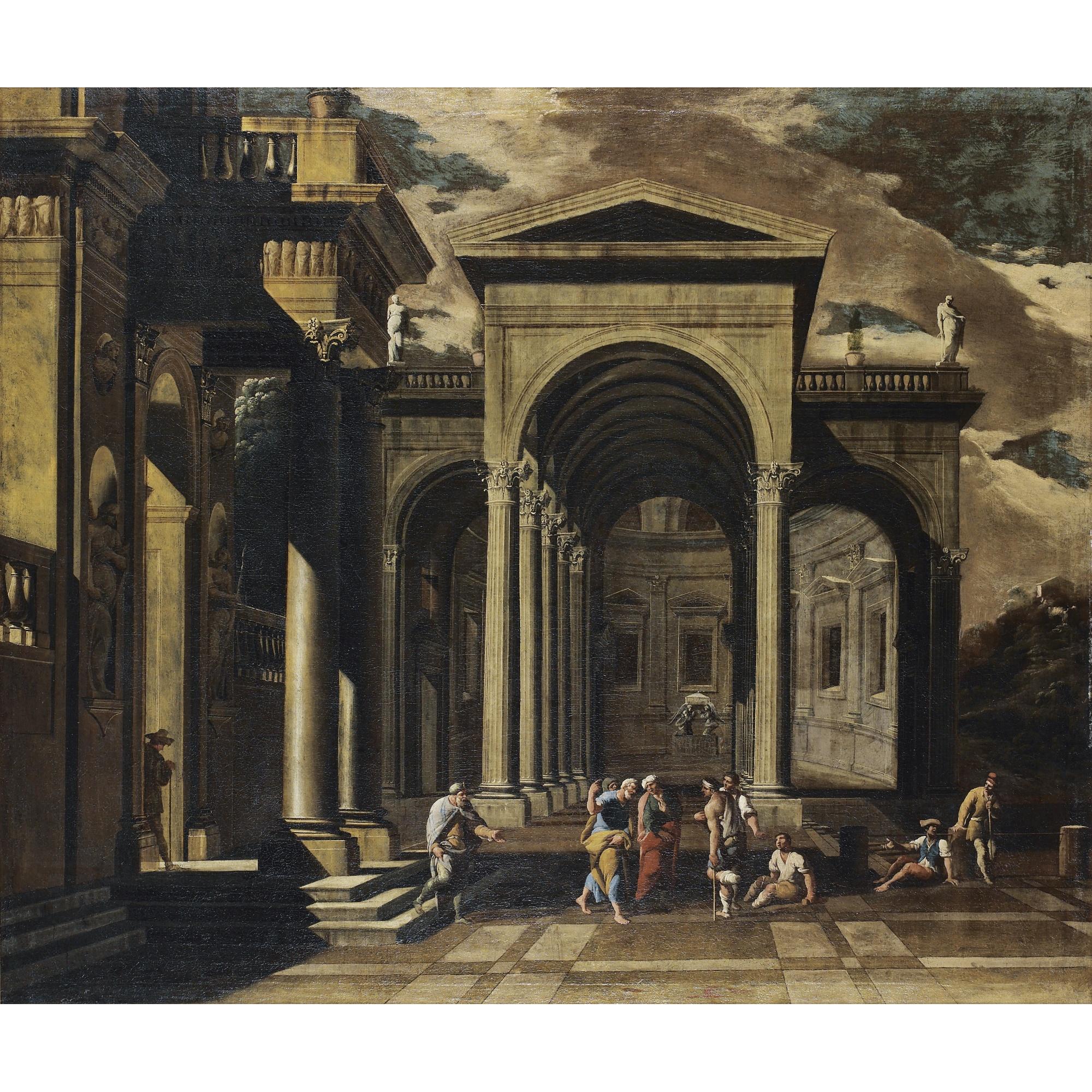 Viviano Codazzi - A Capriccio Of The Exterior Of An Elaborate Palace With Saint Peter Healing The Lame; A Capriccio Of The Internal Courtyard Of A Ruined Palace With The Miracle Of Saint Paul 