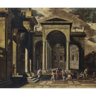Viviano Codazzi - A Capriccio Of The Exterior Of An Elaborate Palace With Saint Peter Healing The Lame; A Capriccio Of The Internal Courtyard Of A Ruined Palace With The Miracle Of Saint Paul 
