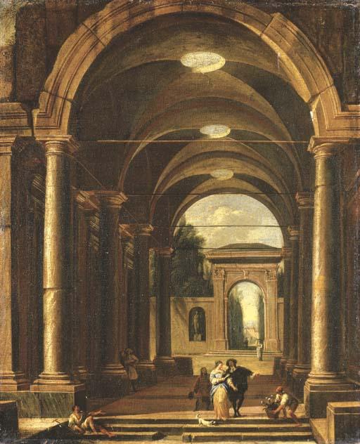 Viviano Codazzi - A portico leading to a garden with an elegant couple promenading