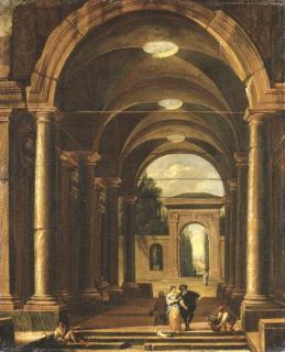 Viviano Codazzi - A portico leading to a garden with an elegant couple promenading