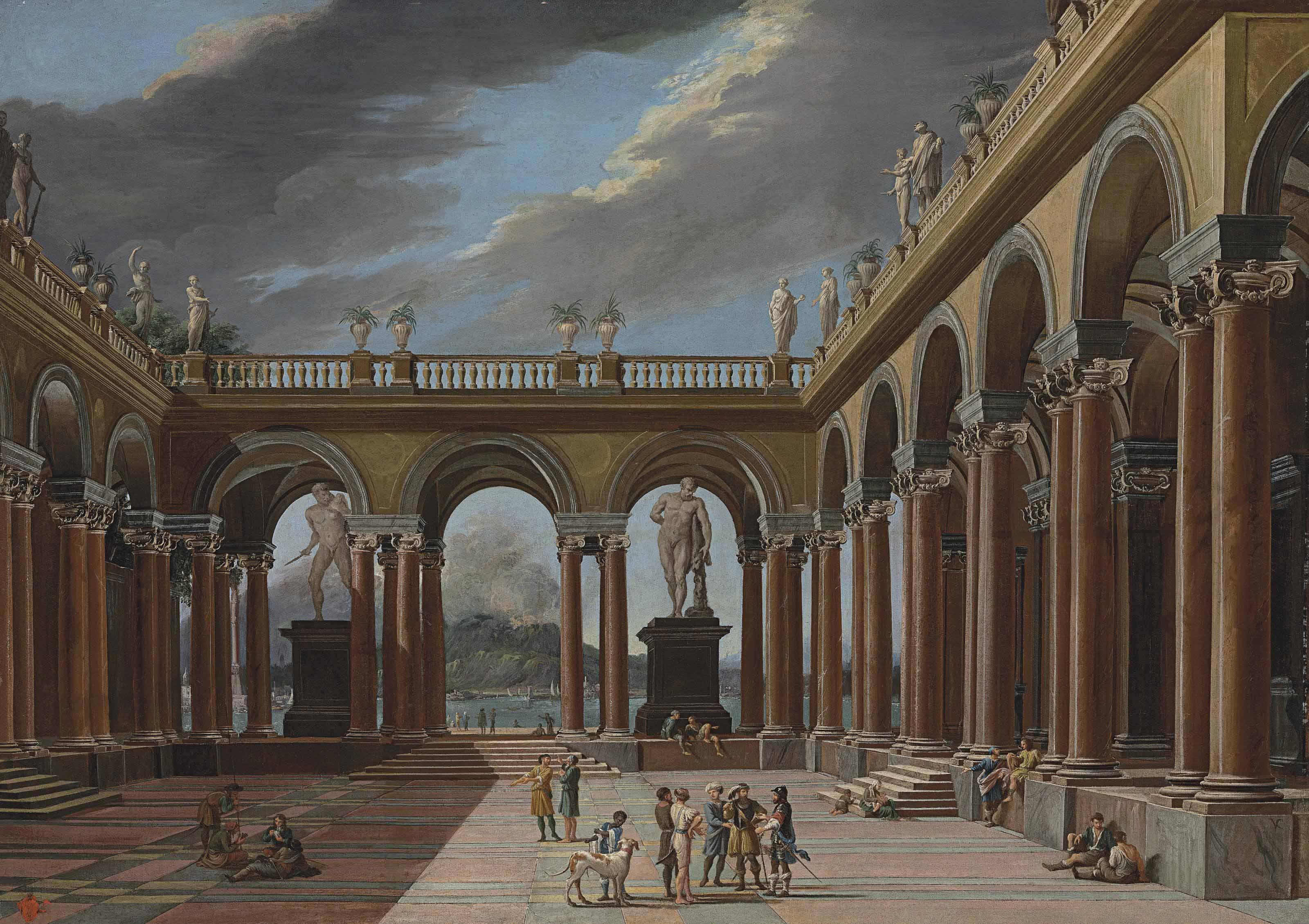 Viviano Codazzi - An Architectural Capriccio Of A Loggia With Elegantly-Dressed Figures, The Sea And Mountains Beyond
