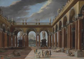 Viviano Codazzi - An Architectural Capriccio Of A Loggia With Elegantly-Dressed Figures, The Sea And Mountains Beyond