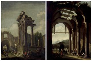 Viviano Codazzi - An Architectural Capriccio Of Ruins With Figures; And An Architectural Capriccio Of A Ruined Temple Interior With Figures