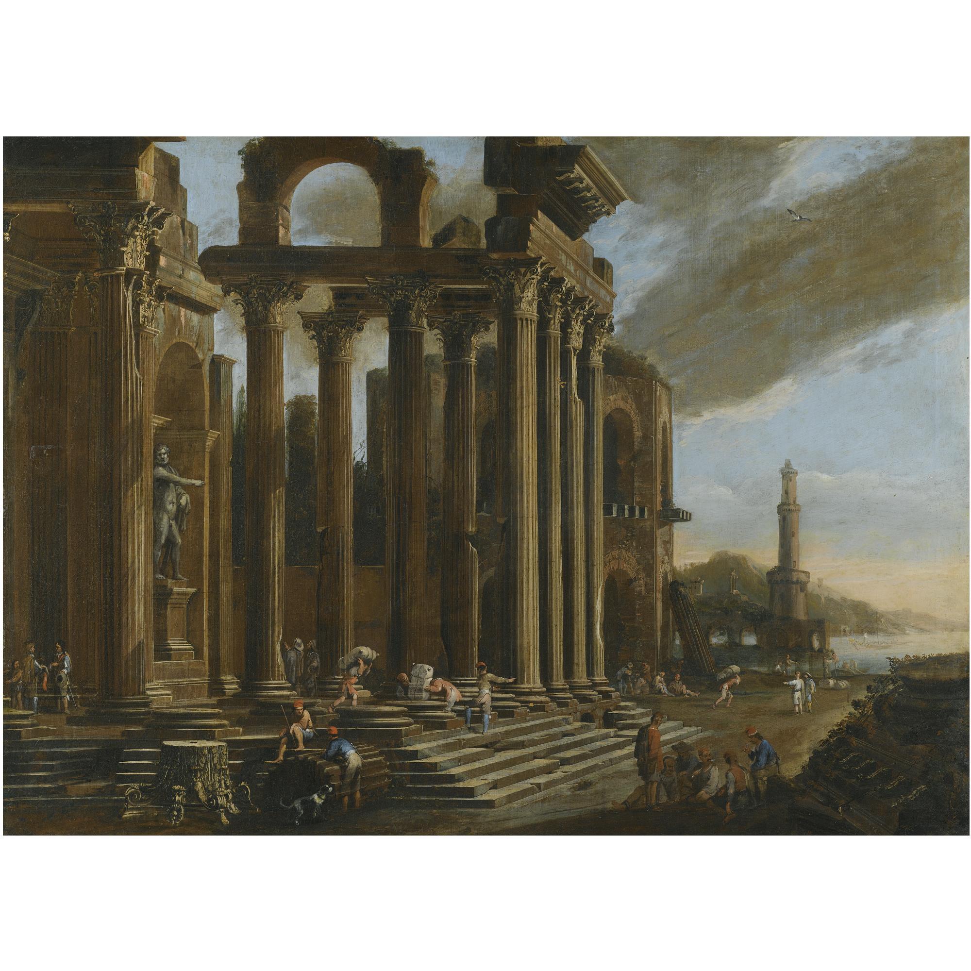 Viviano Codazzi - An Architectural Capriccio With Figures Amongst Classical Ruins, A Lighthouse Beyond
