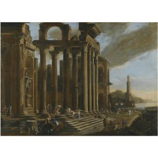 Viviano Codazzi - An Architectural Capriccio With Figures Amongst Classical Ruins, A Lighthouse Beyond