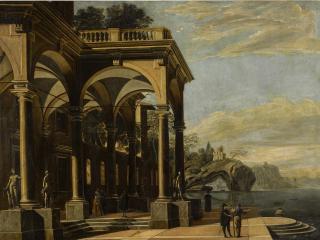 Viviano Codazzi - An Architectural Capriccio With Figures By A Colonnaded Portico, A Castle On A Sea Arch And Coastal Village Beyond