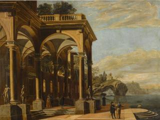 Viviano Codazzi - An architectural capriccio with figures by a colonnaded portico, a castle on a sea arch and coastal village beyond