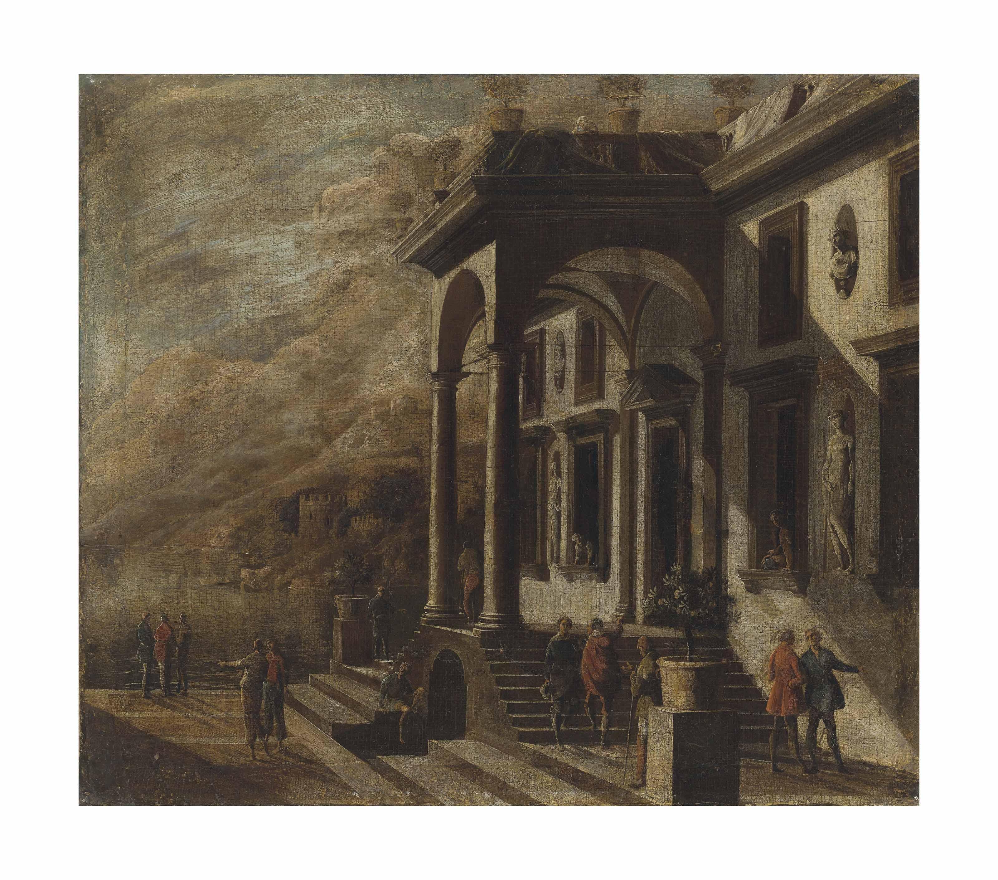 Viviano Codazzi - An architectural capriccio with figures