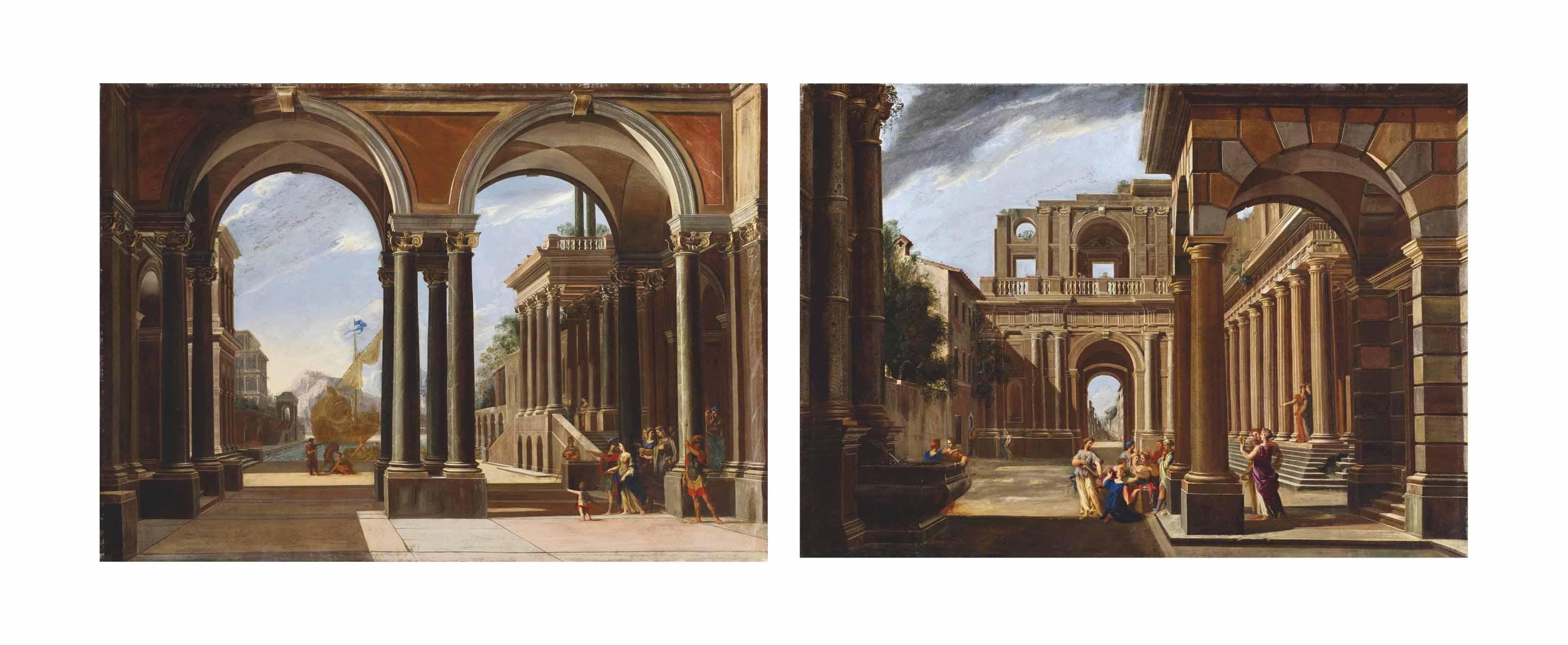 Viviano Codazzi - An Architectural Capriccio With Helena Leaving For Troy; And An Architectural Capriccio With Achilles Amongst The Daughters Of King Lycomedes