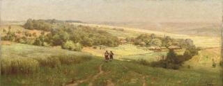 Vladimir Donatovich Orlovskii - Two figures approaching a village nestled in a valley