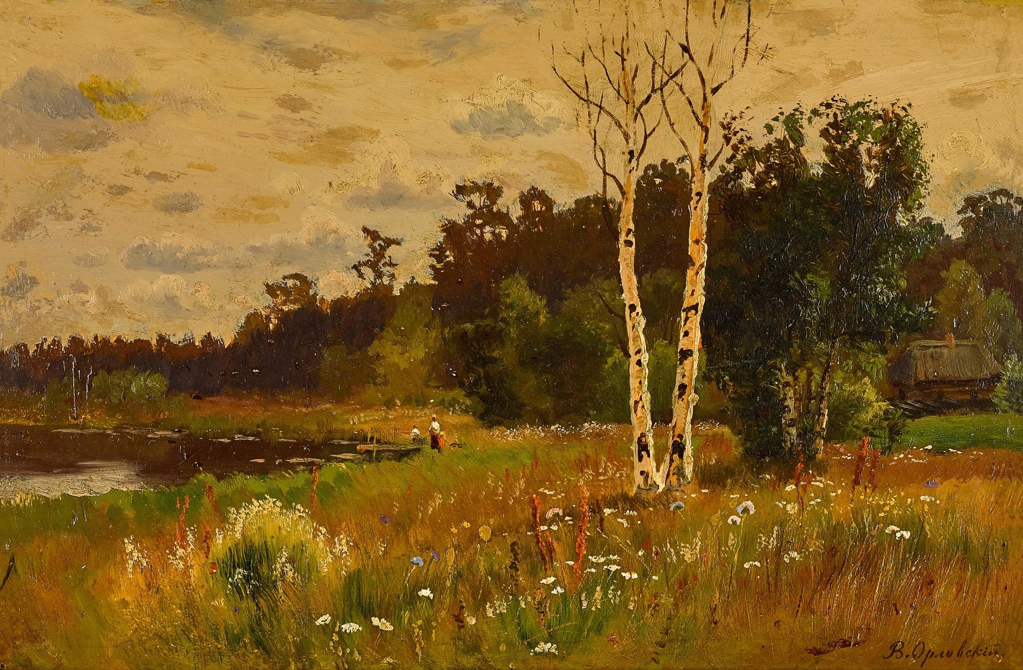 Vladimir Donatovich Orlovsky - Landscape with Pond and Birch Trees