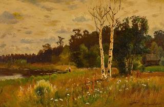 Vladimir Donatovich Orlovsky - Landscape with Pond and Birch Trees