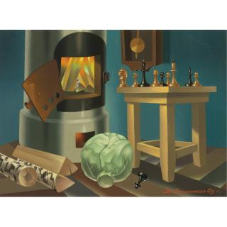 Vladimir Ovchinnikov - Russian Interior With Burning Stove, 1988