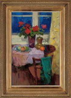 Vladimir Shvab - Roses in a vase, with apples a jug and an orange to the side, on a table
