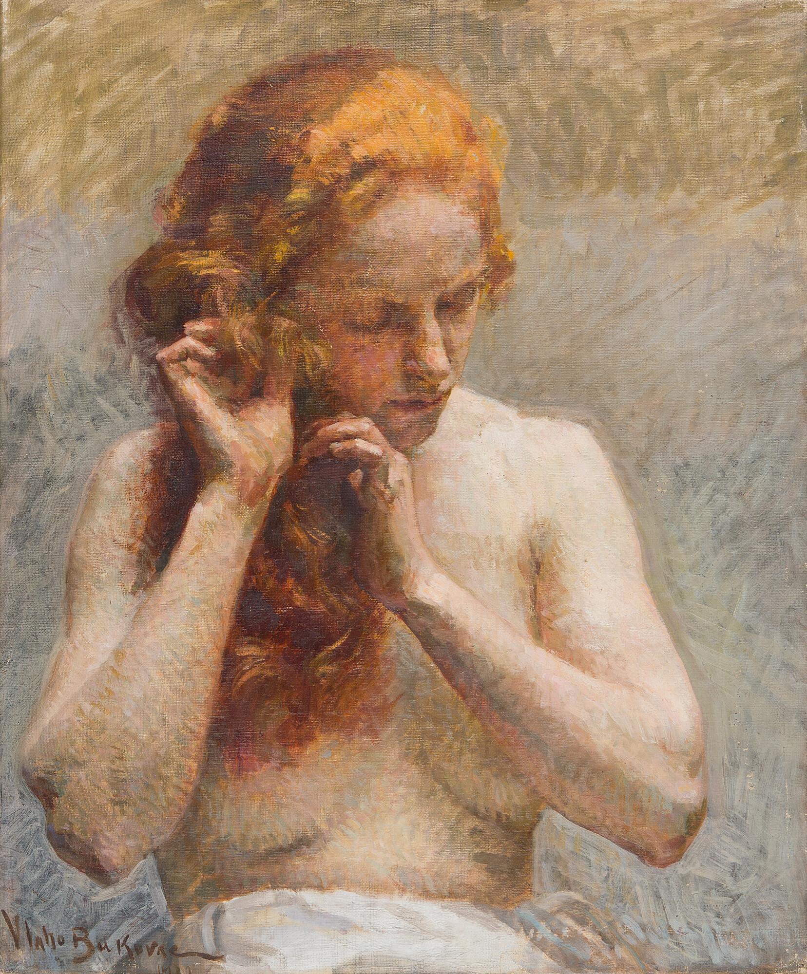 Vlaho Bukovac - Weiblicher Halbakt, das Haar flechtend.