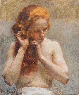 Vlaho Bukovac - Weiblicher Halbakt, das Haar flechtend.