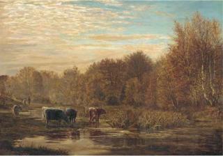 W. H. Simpson - Cattle watering at sunset