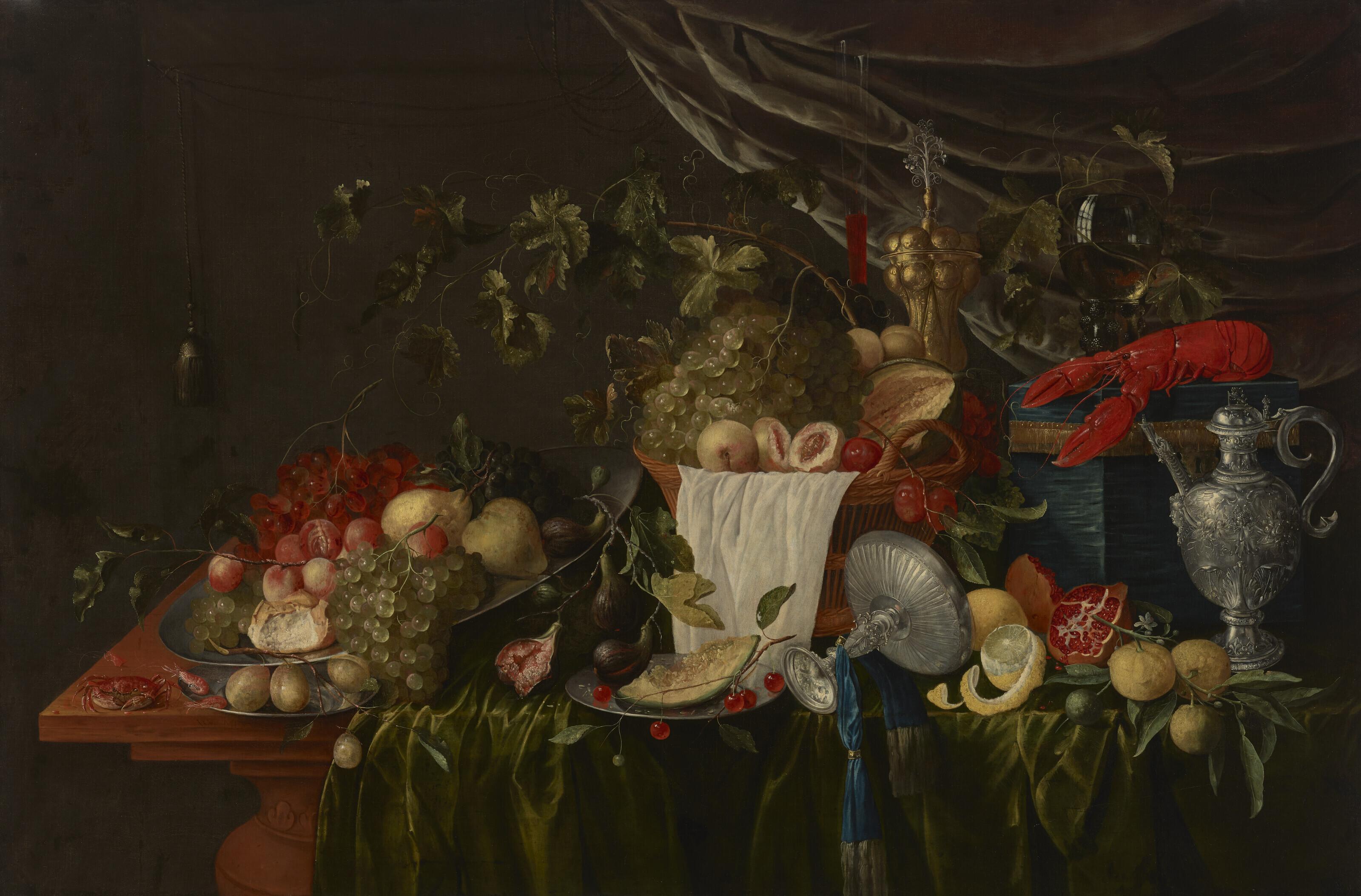 W. Mertens - Silver platters with grapes, pears, plums, melons and bread rolls, a silver tazza and ewer, a basket with fruits, a gilt cup and cover, a lobster, and a roemer on a partially draped table with a curtain in the background