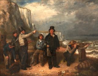 W.R. Waters - Figures Awaiting a Ferry by the Shore framed 114.5 x 140.0 x 7.0 cm (45 x 55 1/8 x 2 3/4 in).