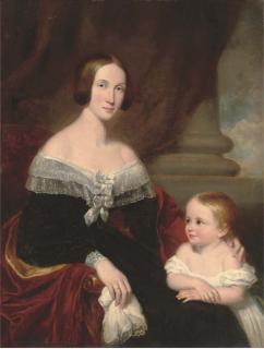 W.R. Waters - Portrait of a mother and child, seated three-quarter-length, the mother in a black dress with lace trim and a red cloak, the child in a white dress, in an interior