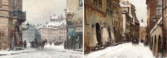 Wadislaw T. Chmielinski - A Square in Warsaw in Winter; and A Carriage Ride in the Old Town, Warsaw