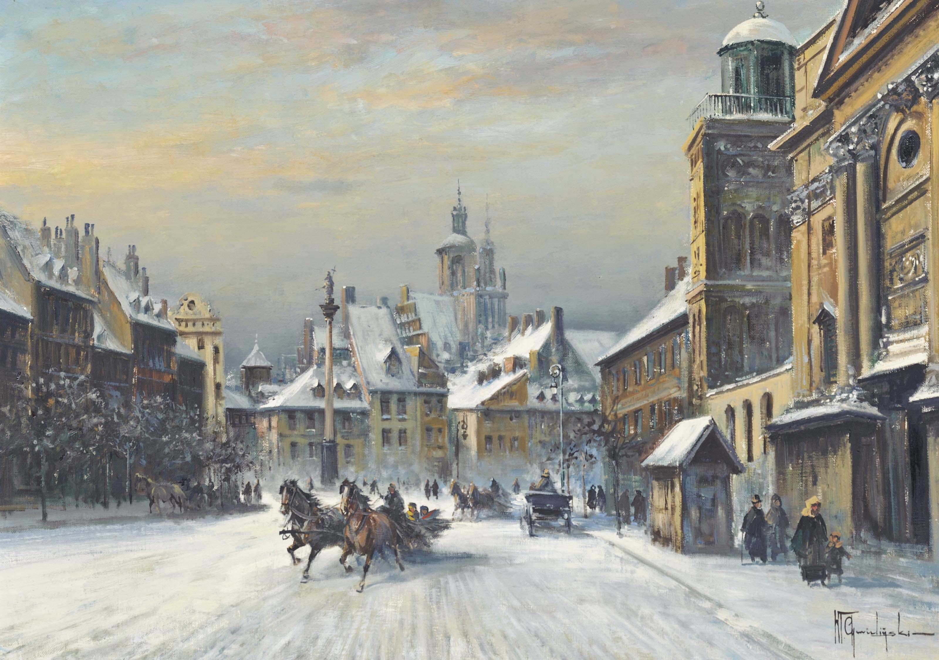 Wadislaw T. Chmielinski - Troikas Running Through The Snow Before The Statue Of King Sigismund, Castle Square, Warsaw